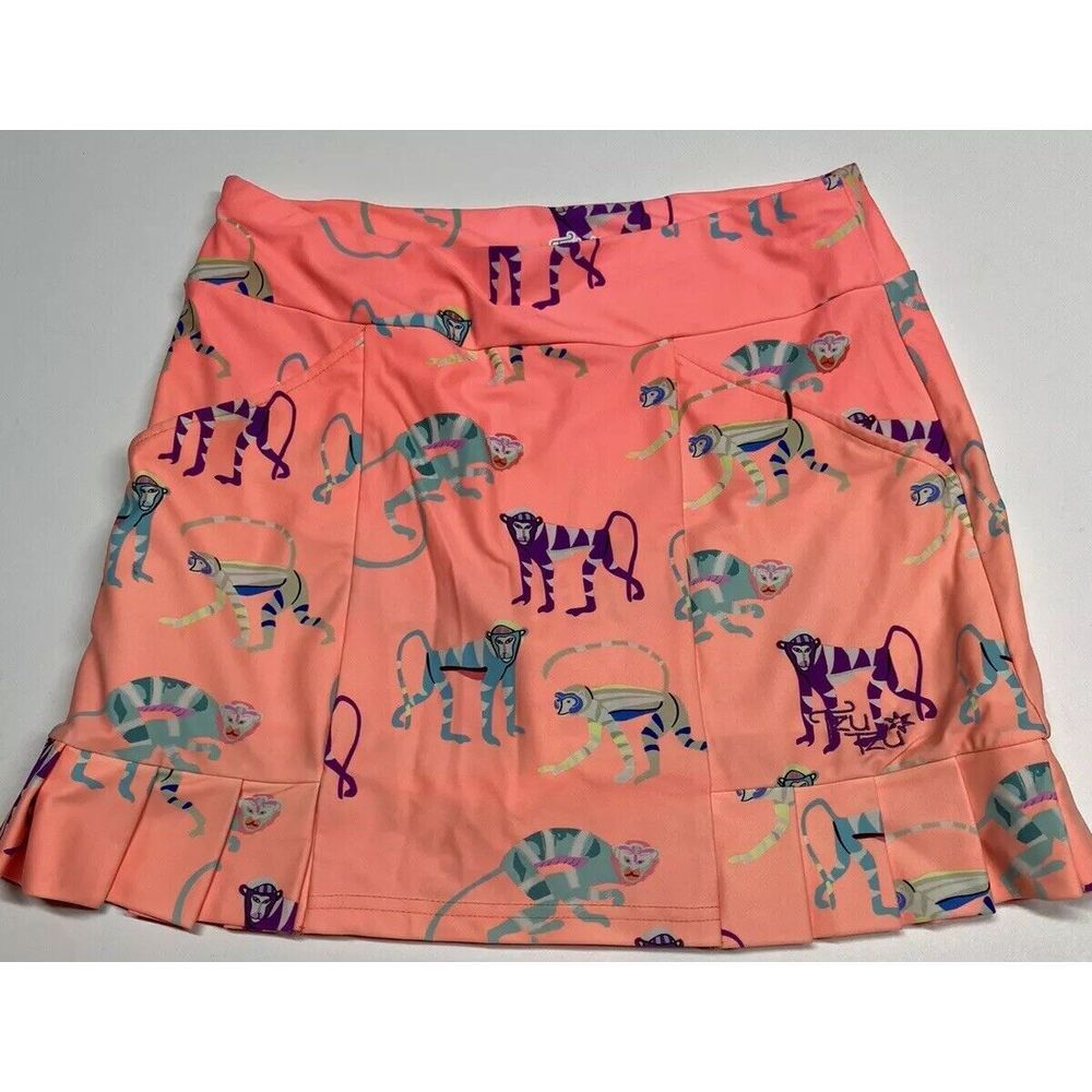 Tzu Tzu Skort Womens Small Orange Colorful Monkeys UV Ruffle Safari Mini‎ Skirt